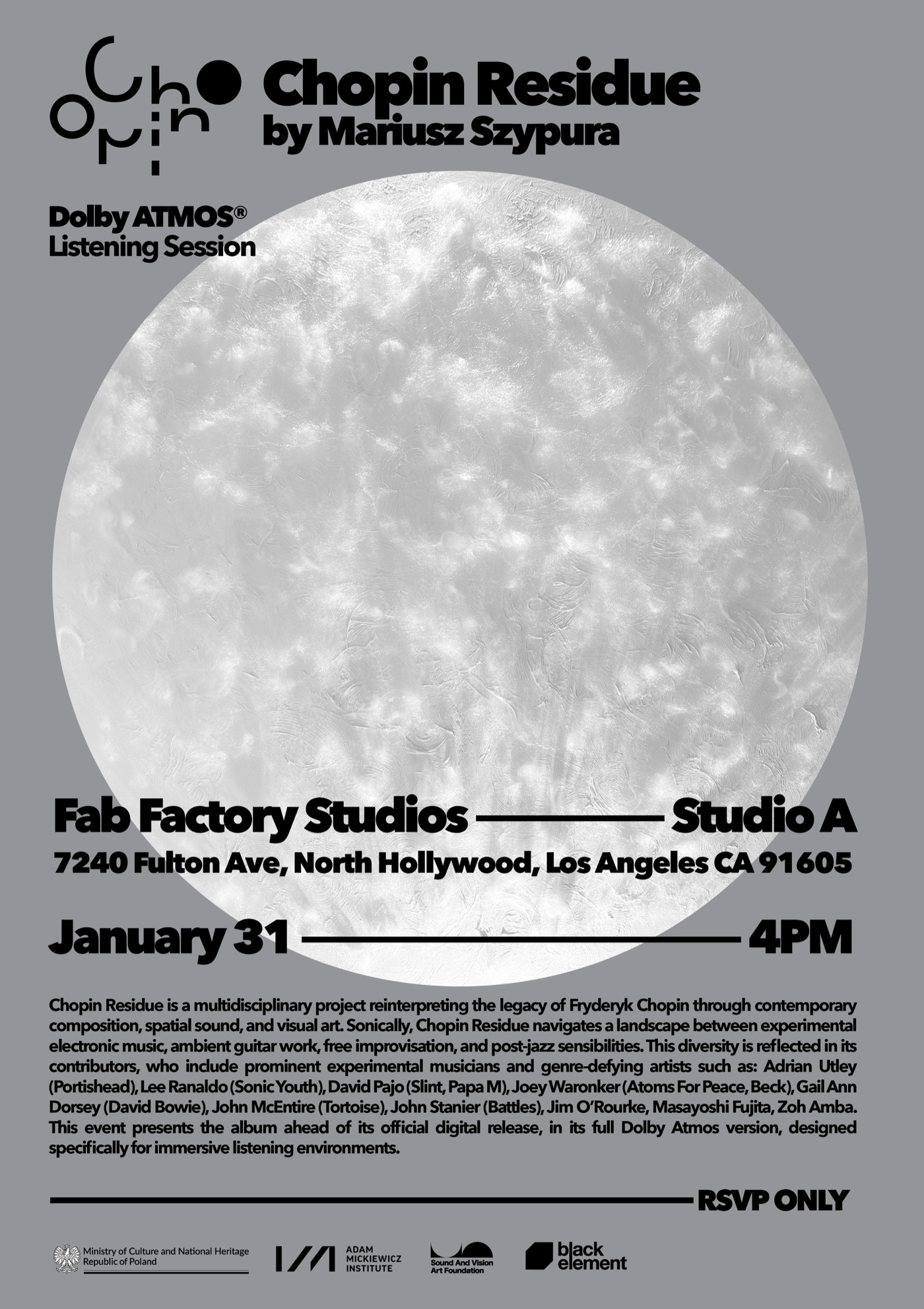 Chopin Residue — Los Angeles Dolby Atmos pre-release listening session at Fab Factory Studios, 31 January 2026 poster