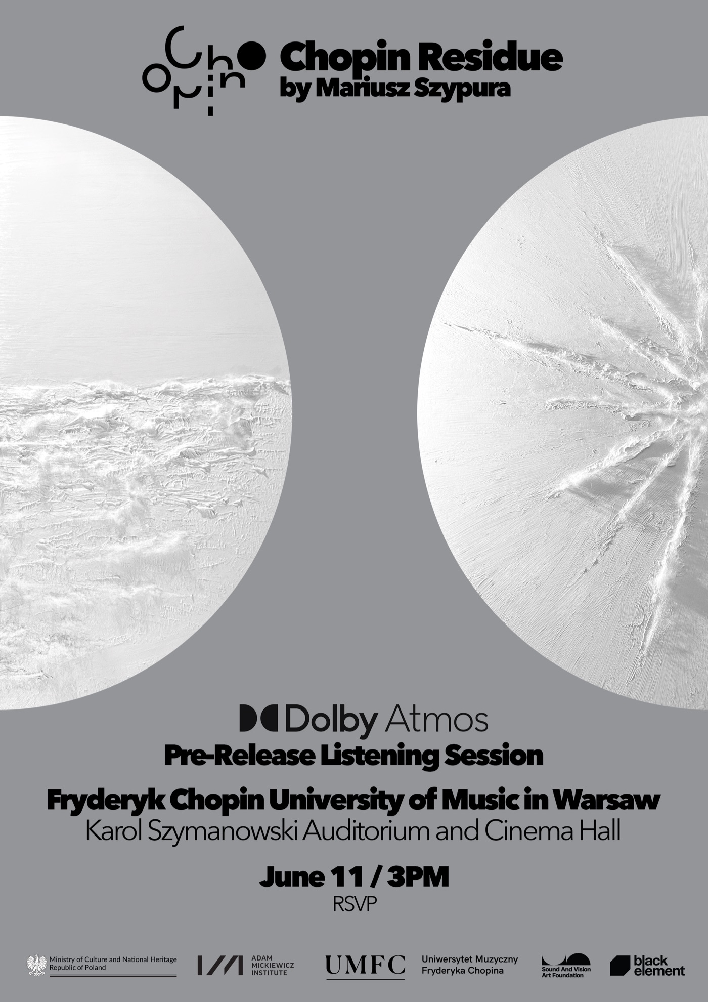 Chopin Residue — Dolby Atmos pre-release listening session at Fryderyk Chopin University of Music, Karol Szymanowski Auditorium, Warsaw, 11 June 2026 poster